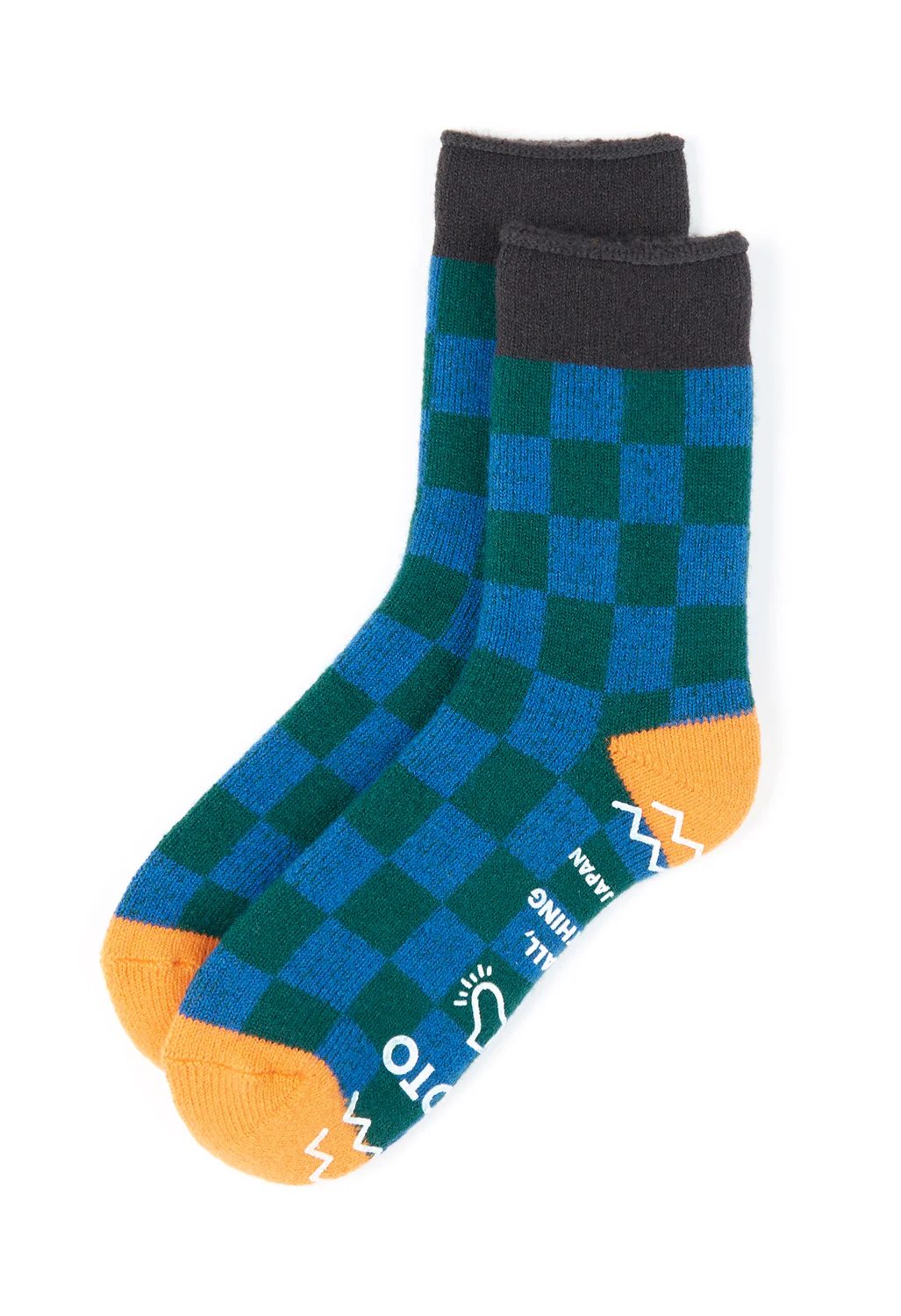 ROTOTO Pile Room Checkerboard Socks - Light Orange / Dark Green
