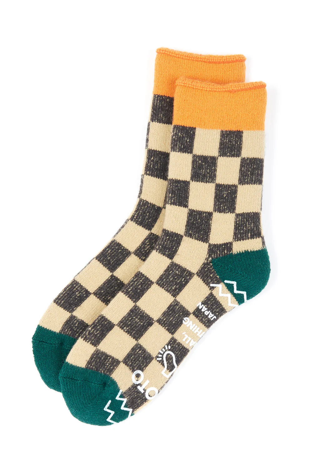 ROTOTO Pile Room Checkerboard Socks - Beige / Light Orange / Dark Green