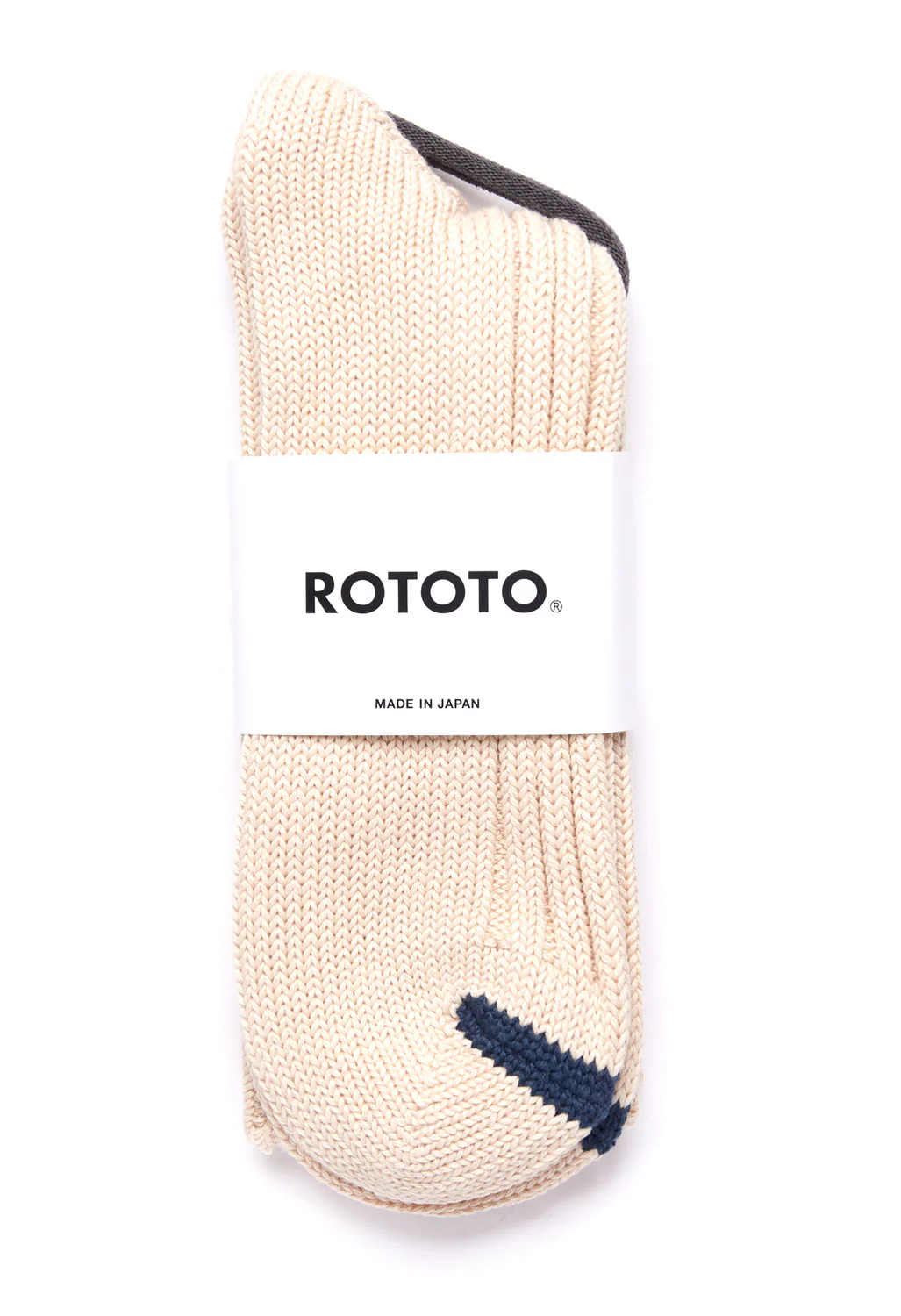 ROTOTO Chunky Ribbed Crew Socks - Raw Beige/Dark Blue - Image 2
