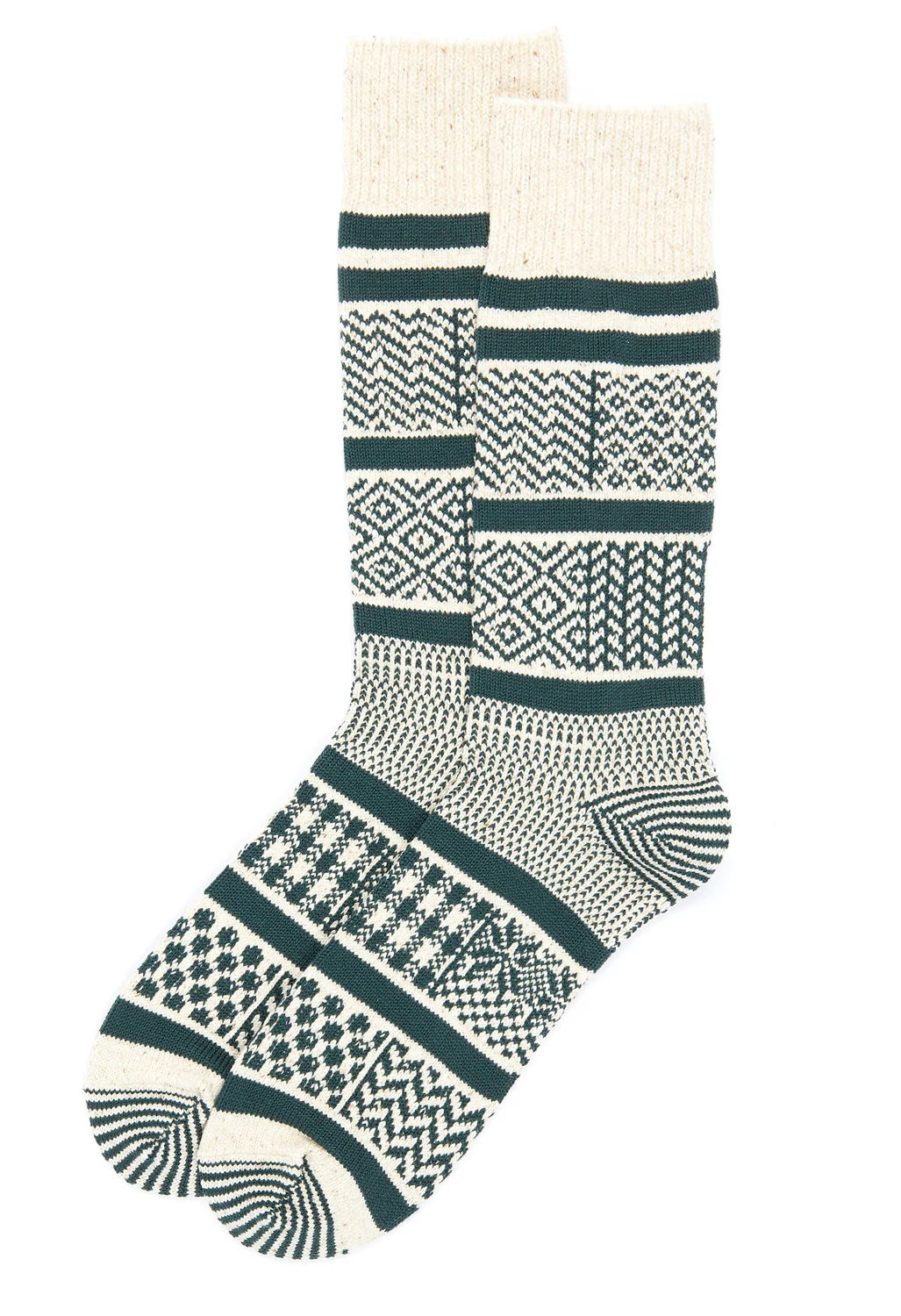ROTOTO Multi Jacquard Crew Socks - Ivory / Dark Green