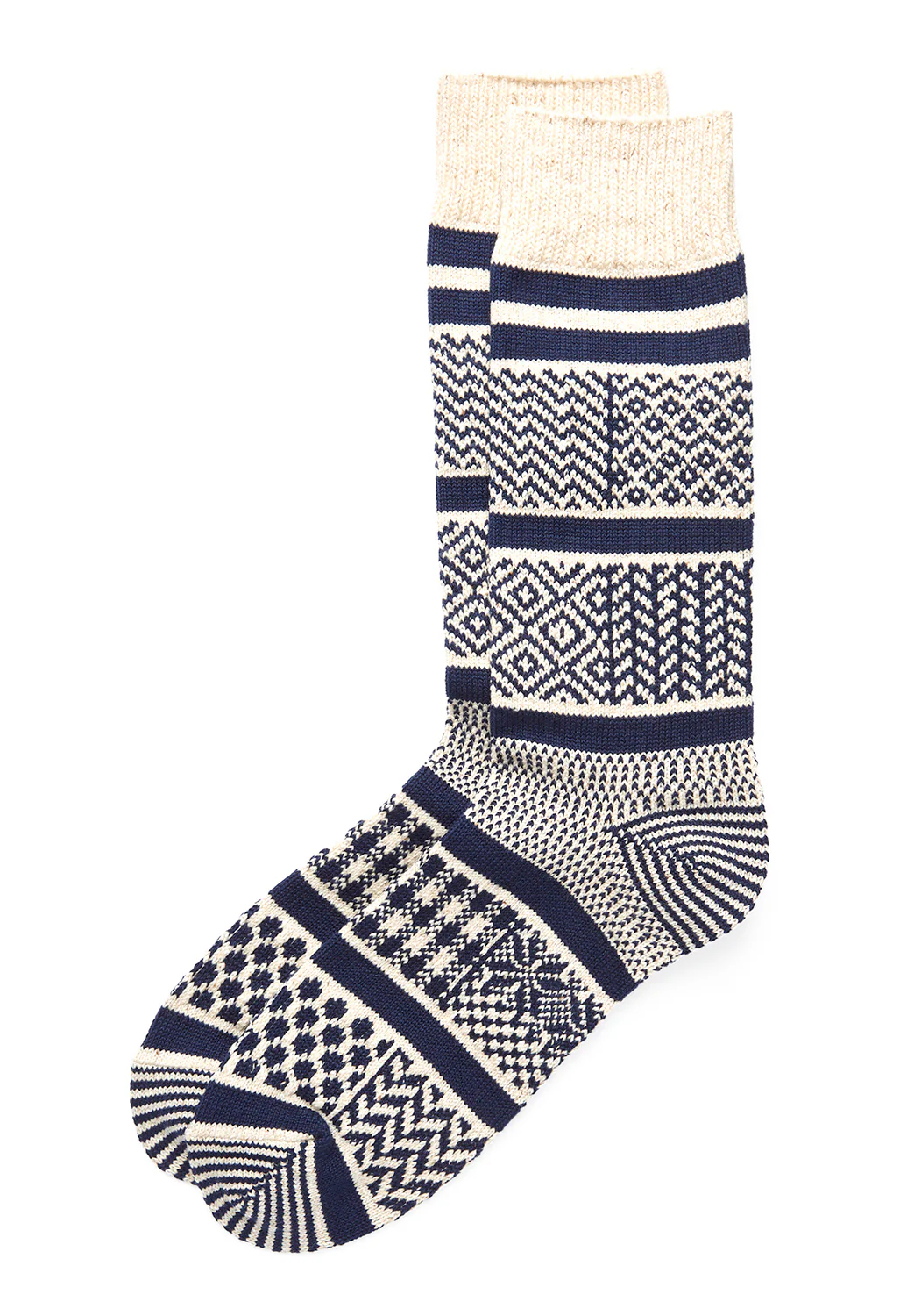 ROTOTO Multi Jacquard Crew Socks - Ivory/Navy