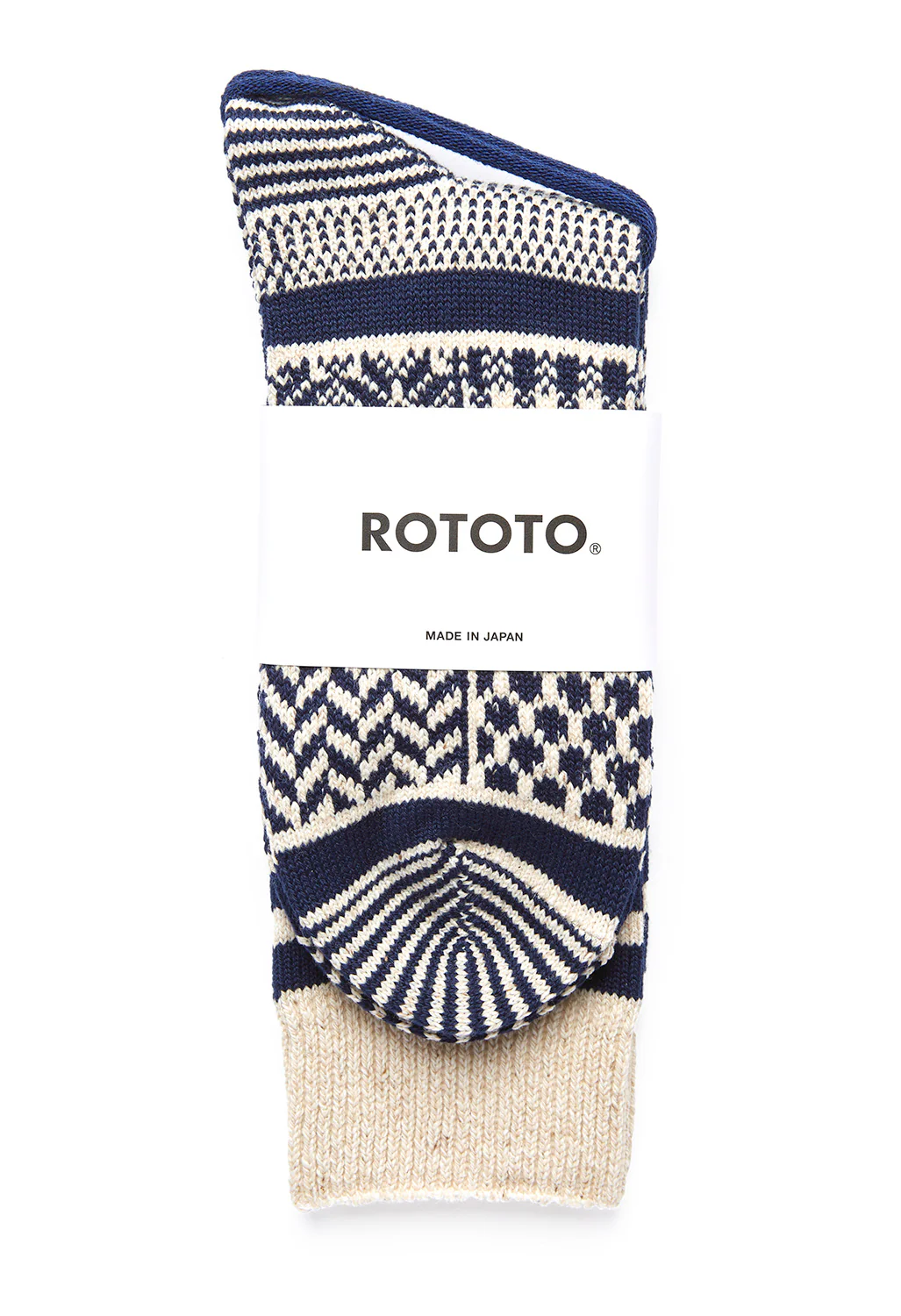 ROTOTO Multi Jacquard Crew Socks - Ivory/Navy - Image 2